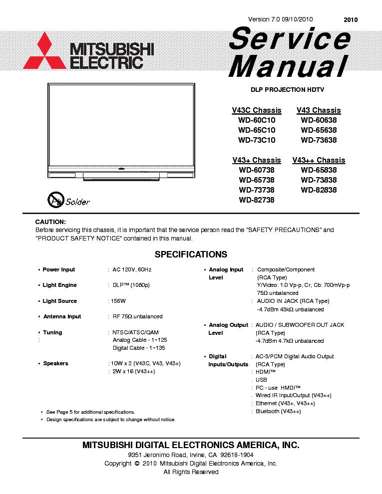 Mitsubishi Tv Wd 65737 Service Manual