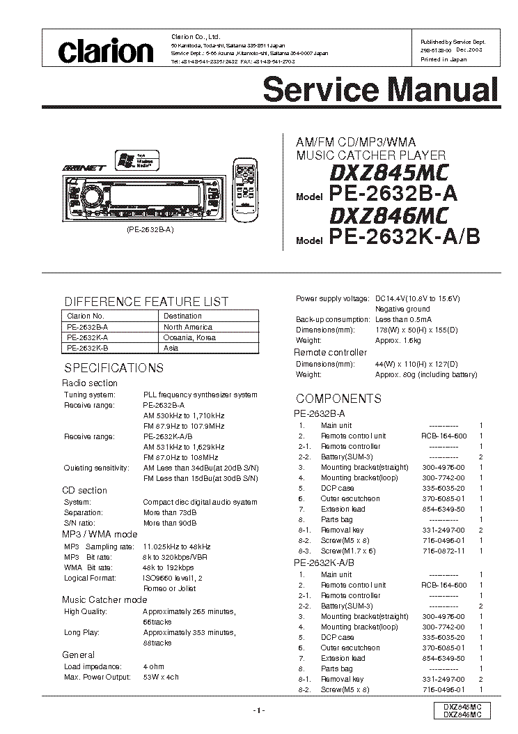 CLARION DXZ845MC 846MC Service Manual download, schematics, eeprom