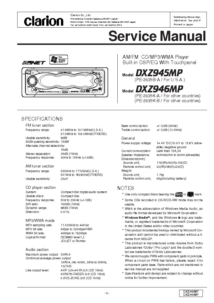 Clarion Dxz945mp 946mp Service Manual Download  Schematics