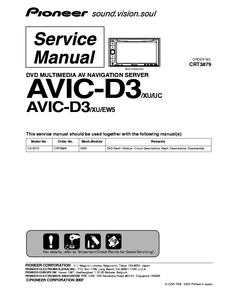 PIONEER AVIC-D3 Service Manual download, schematics, eeprom, repair