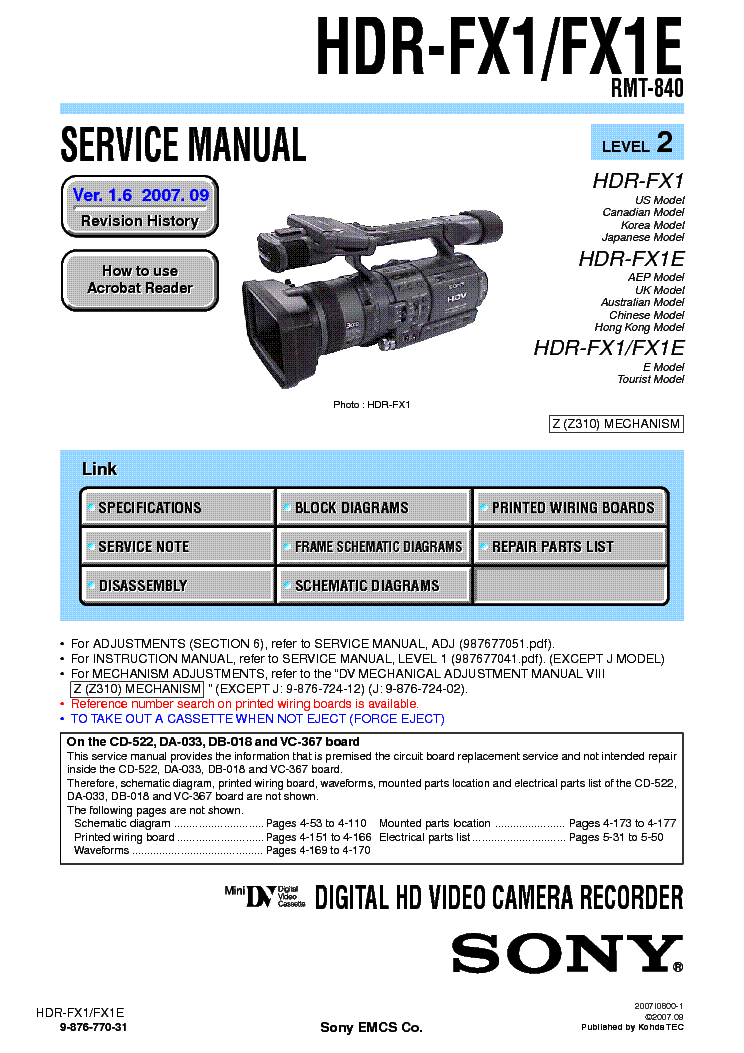SONY HDR-FX1 FX1E LEVEL-2 VER-1.6 SM Service Manual download