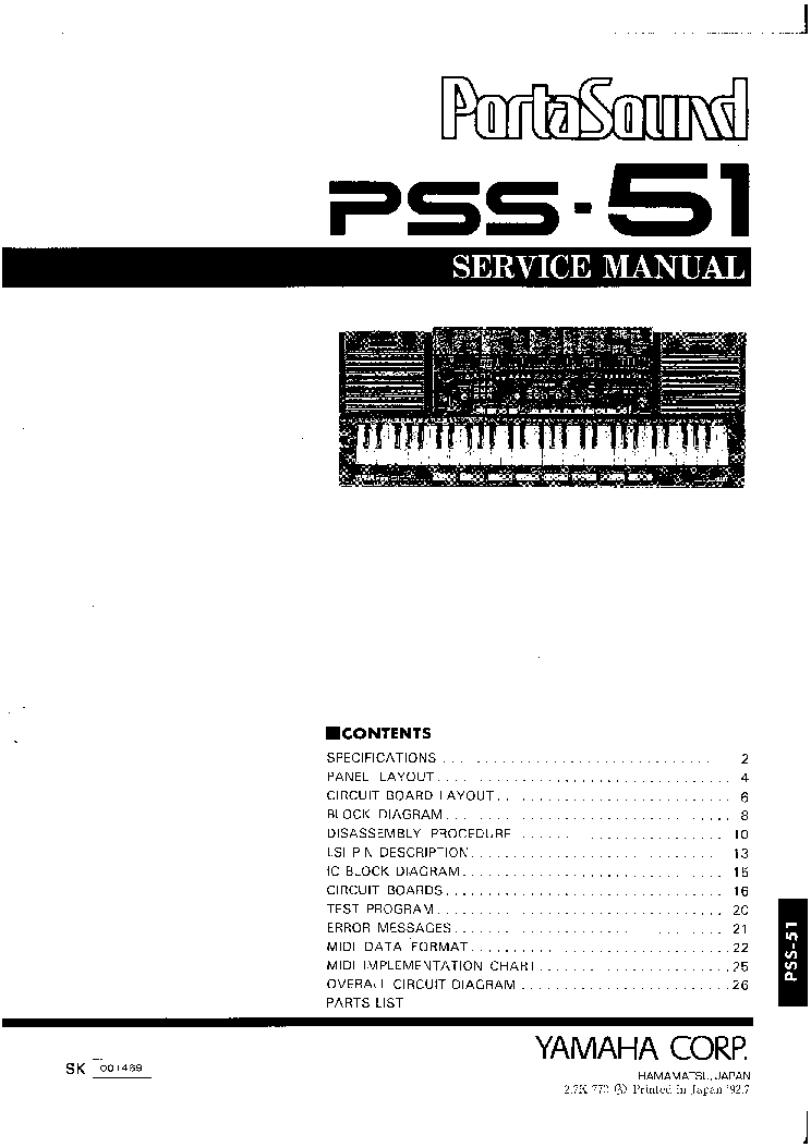 YAMAHA PORTASOUND PSS-51 SM Service Manual download, schematics, eeprom