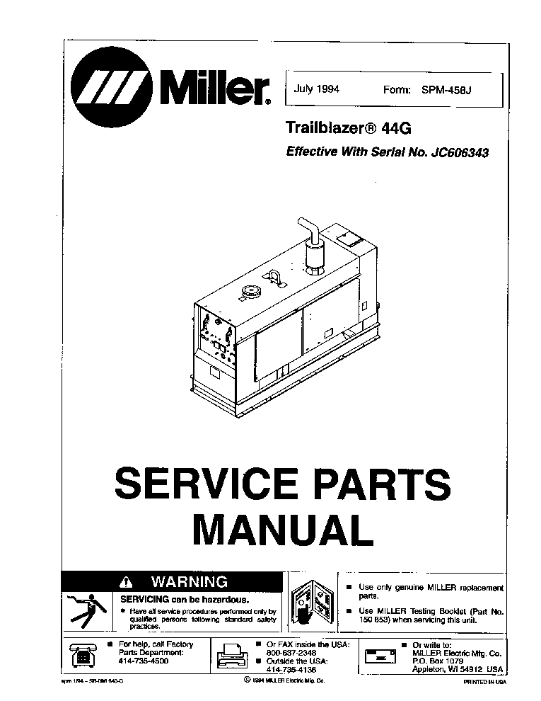 MILLER TRAILBLAZER 44G NO.JC606343 PARTS-MANUAL Service Manual download