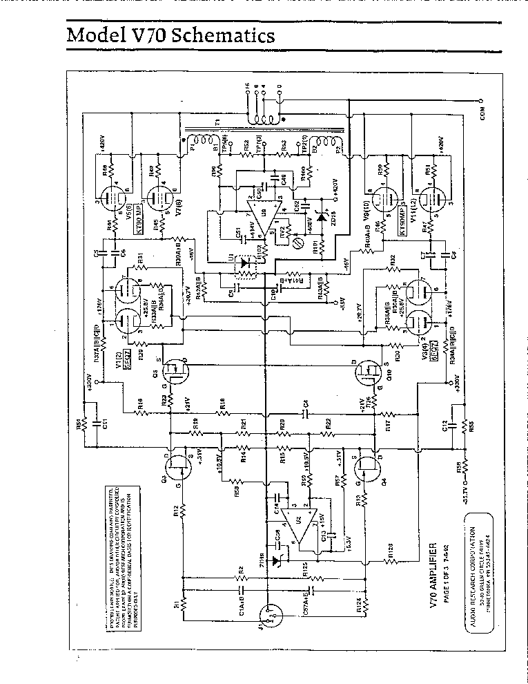 AUDIO-RESEARCH V70 AMPLIFIER SCH Service Manual download, schematics