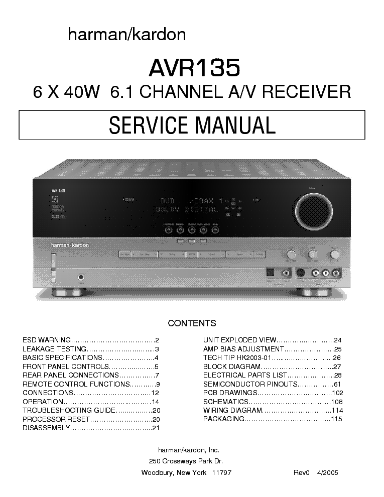 HARMAN-KARDON AVR-135 CHANNEL 6.1 RECEIVER Service Manual download