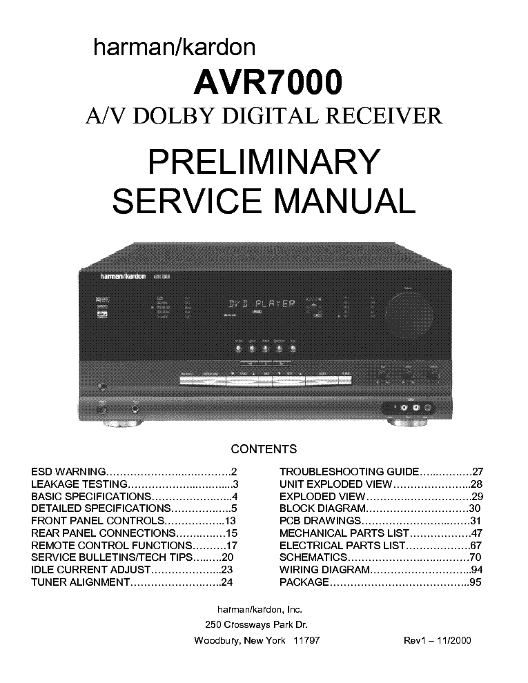 HARMAN KARDON AVR7000 REV1 Service Manual download, schematics, eeprom
