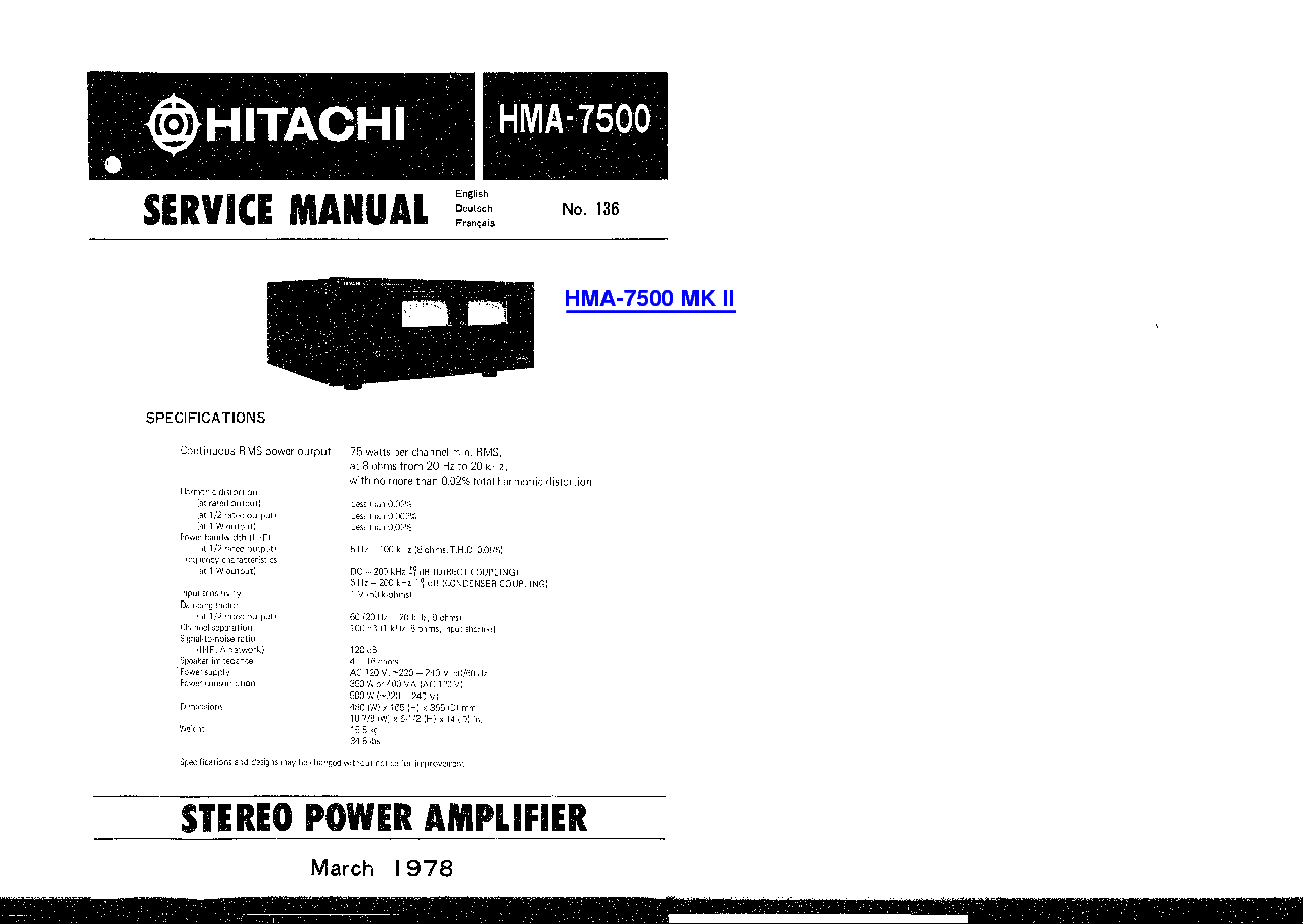 HITACHI HMA-7500 MKII AUDIO PA 1978 SM Service Manual download