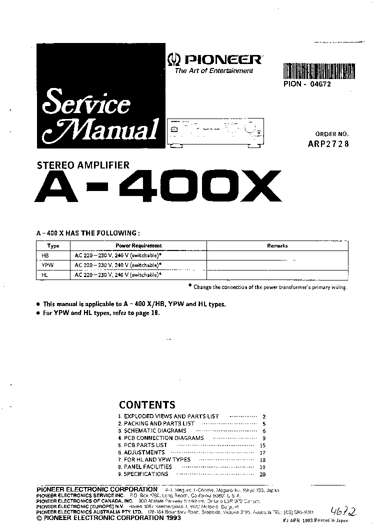 PIONEER A-400X Service Manual download, schematics, eeprom, repair info for electronics experts