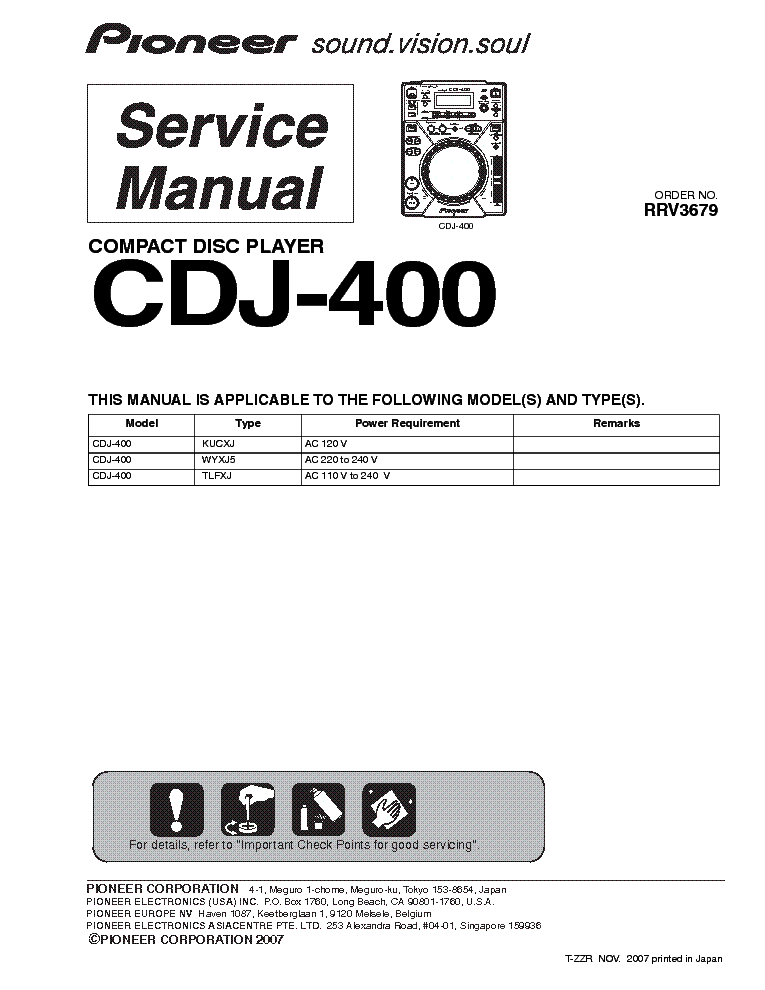 PIONEER CDJ-400 Service Manual free download, schematics, eeprom, repair info for electronics