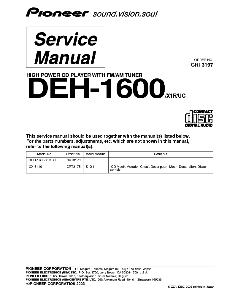 PIONEER DEH 1600 Service Manual download, schematics, eeprom, repair