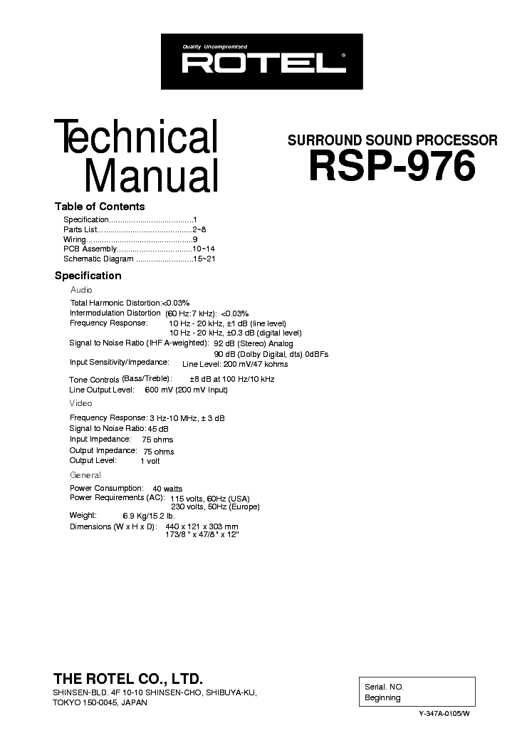 ROTEL RSP-976 TECHNICAL-MANUAL Service Manual download, schematics
