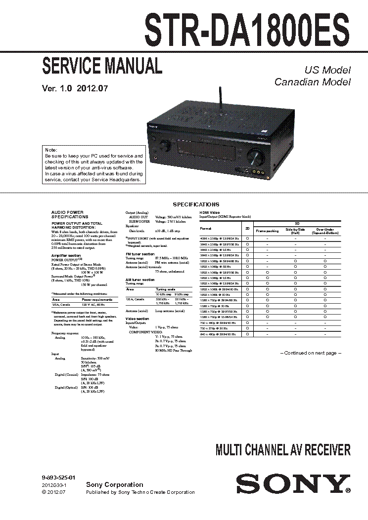 Sony Ta-Da9000es Manual