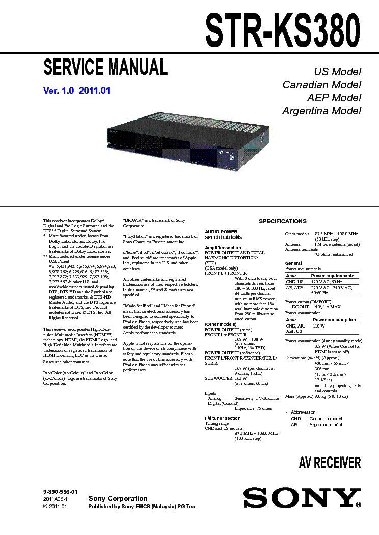 SONY STR KS380 Service Manual download, schematics, eeprom, repair info