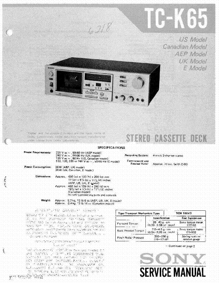 Sony Tc k65 Service Manual