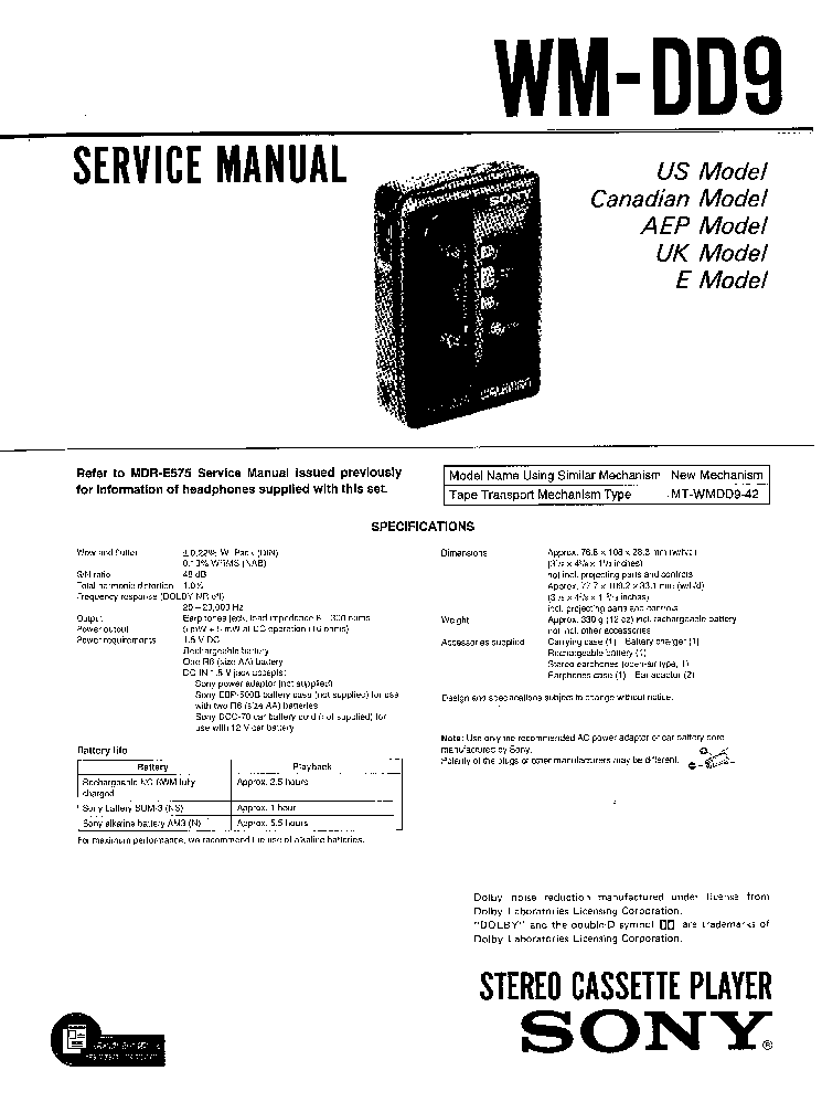 SONY WM-DD9 Service Manual download, schematics, eeprom, repair info