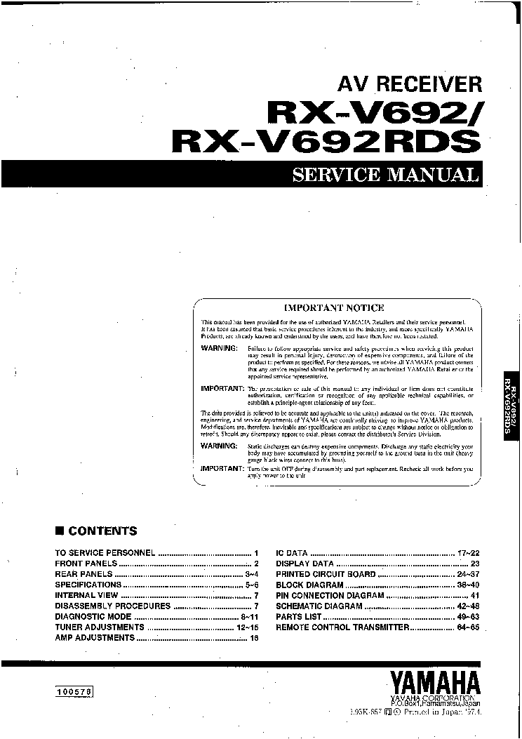 YAMAHA RX-V1050 Service Manual download, schematics, eeprom, repair