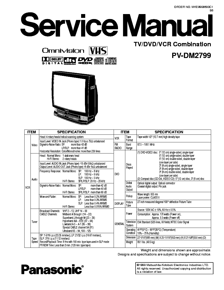 PANASONIC TV-DVD-VCR-PV-DM2799 Service Manual download, schematics