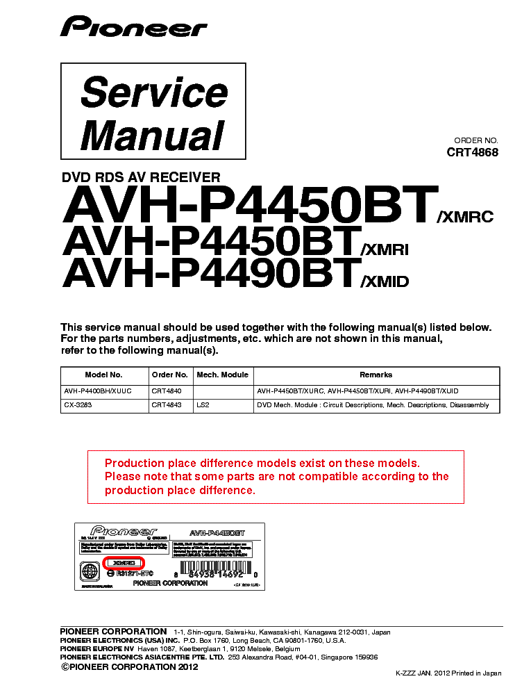 PIONEER AVH-P4450BT AVH-P4490BT CRT4868 Service Manual ...