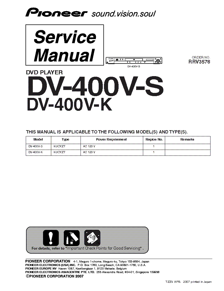 PIONEER DV-400V-S K Service Manual download, schematics, eeprom, repair info for electronics experts