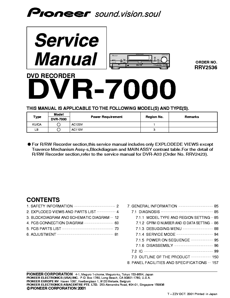 PIONEER DVR-7000 Service Manual download, schematics, eeprom, repair