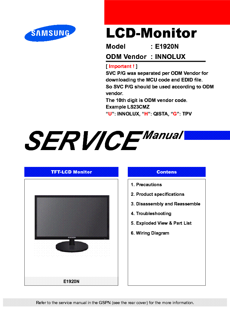 SAMSUNG LS19CLYSBUEN E1920N LCD MONITOR Service Manual ...