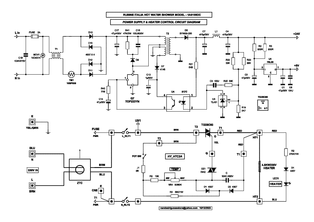 RUBINE 1A9100DC ITALIA HOT WATER SHOWER POWER SUPPLY HEATER SCHEMATIC service manual (1st page)
