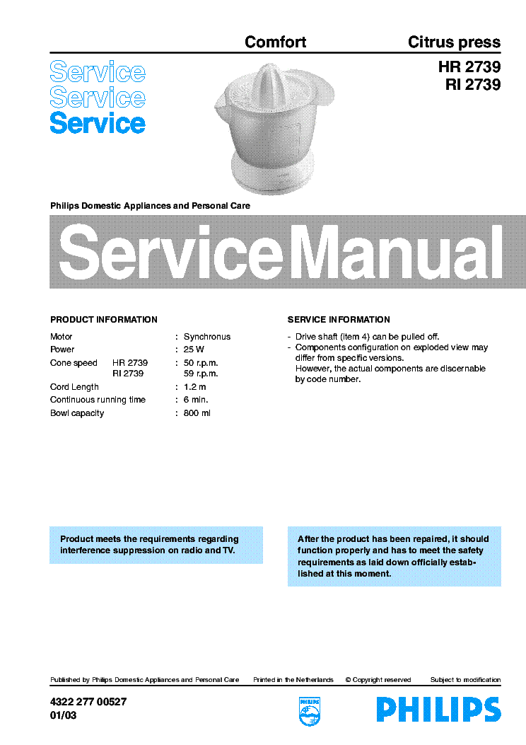 PHILIPS COMFORT HR-RI-2739 CITRUS PRESS PART LIST 2003 SM service manual (1st page)
