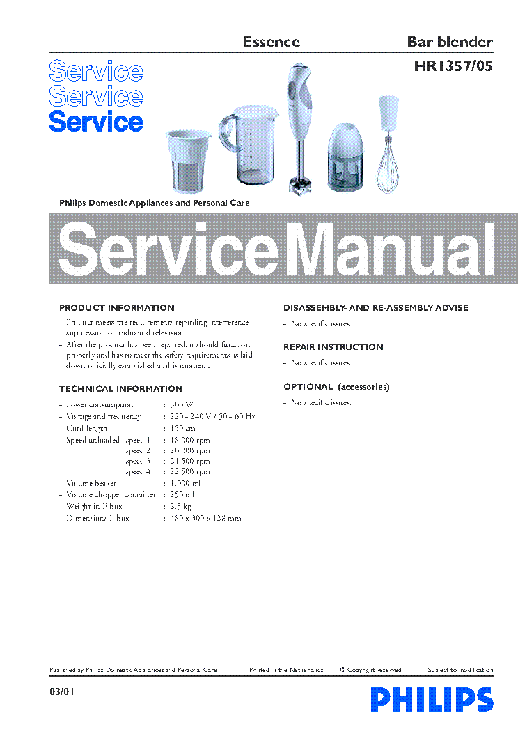 PHILIPS ESSENCE HR1357-05 BAR BLENDER PART LIST 2003 SM service manual (1st page)