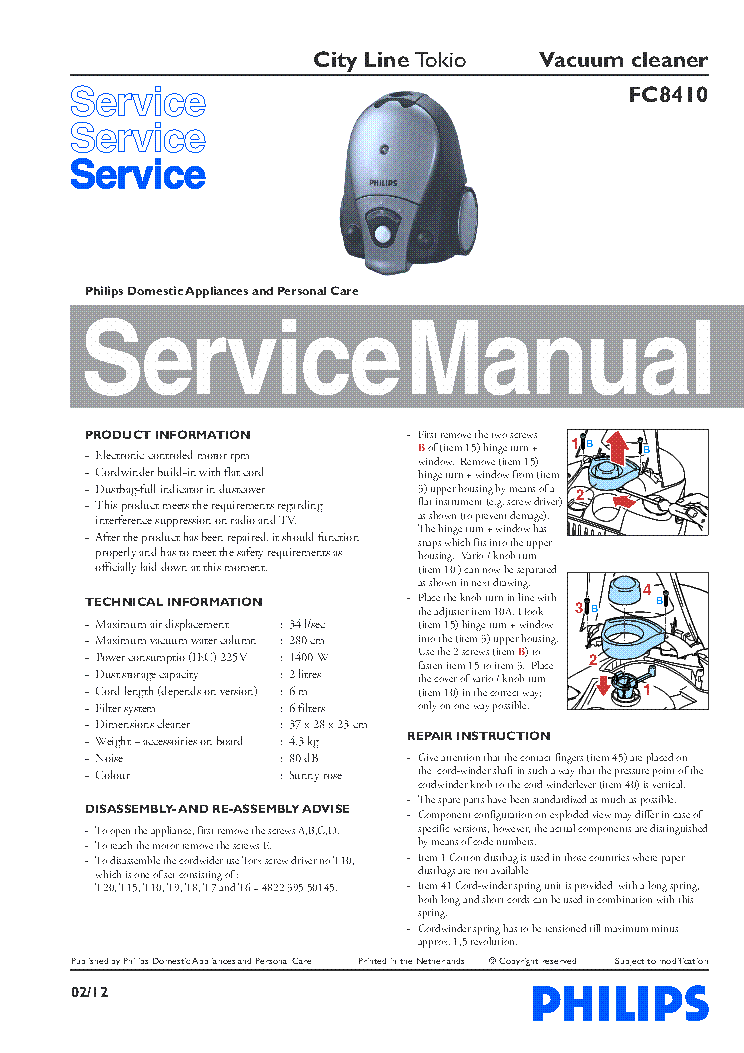 PHILIPS FC8410 CITY LINE TOKIO VACUUM CLEANER 2002 SM service manual (1st page)