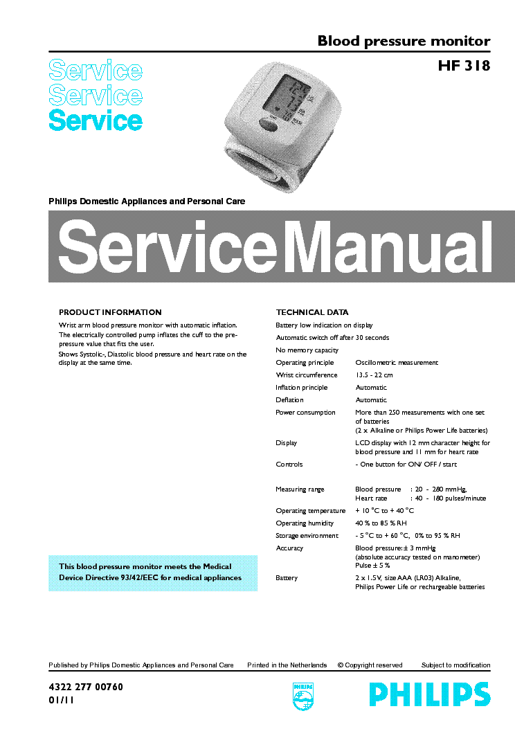 PHILIPS HF-318 BLOOD-PRESSURE-MONITOR service manual (1st page)