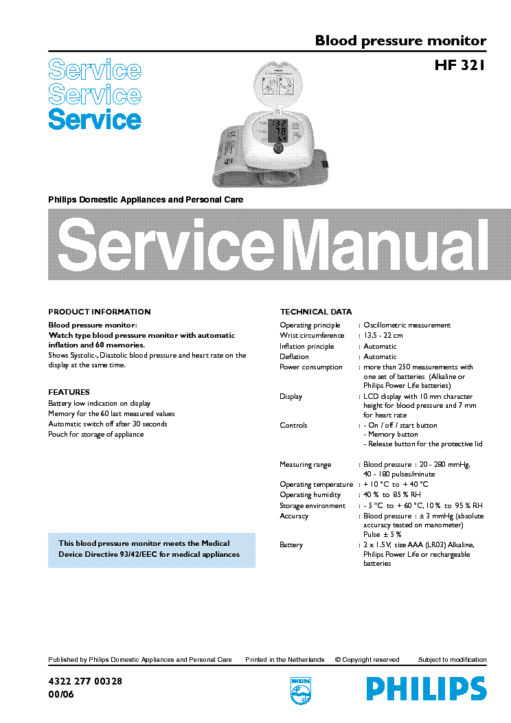 PHILIPS HF-321 BLOOD-PRESSURE-MONITOR service manual (1st page)