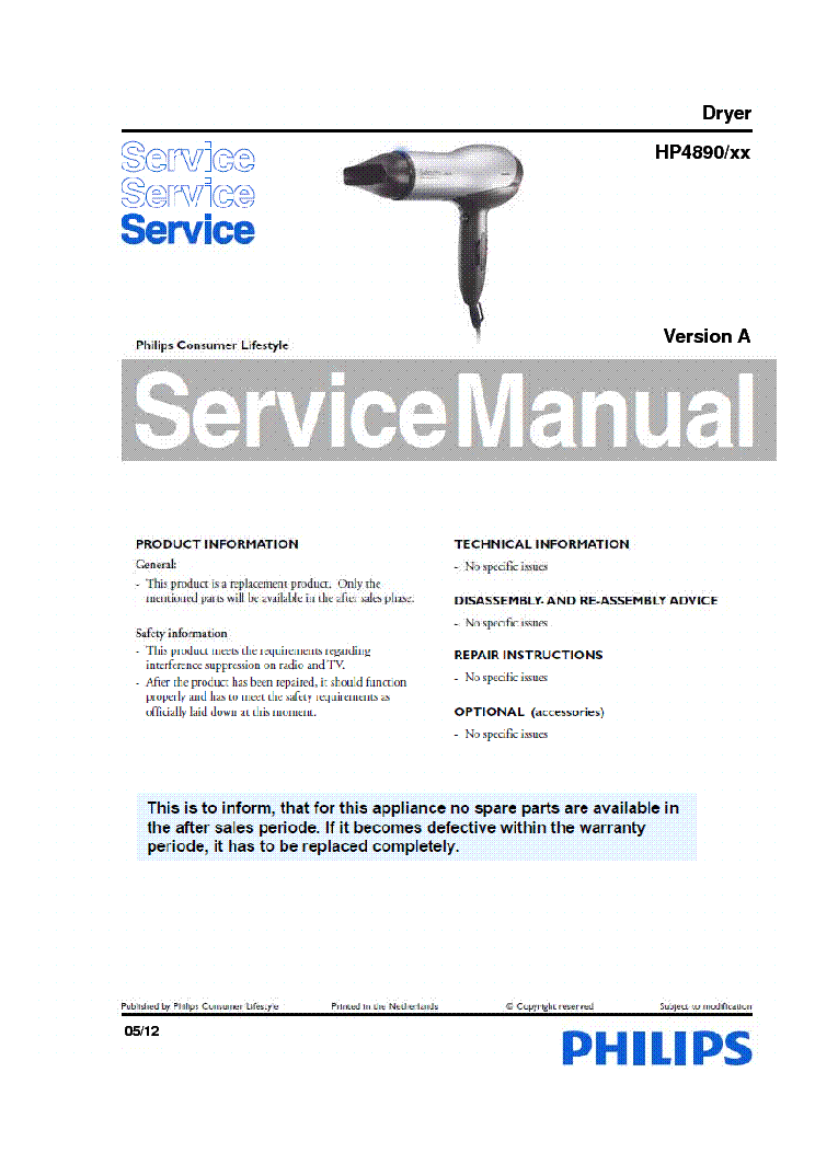 PHILIPS HP4890 DRYER service manual
