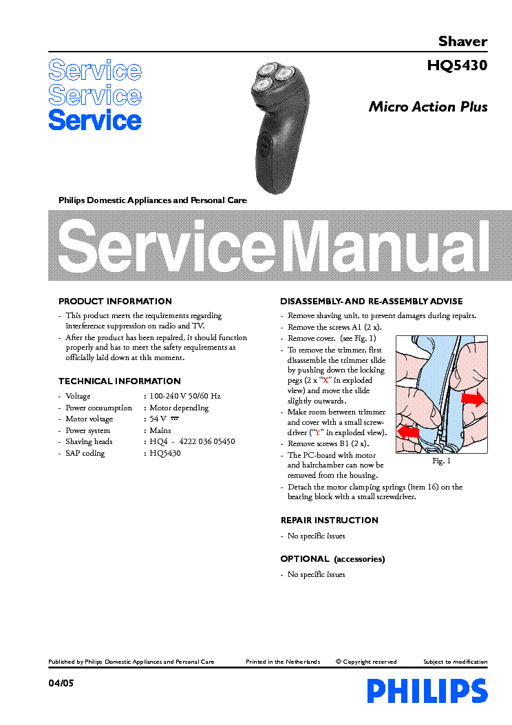 PHILIPS HQ5430 SHAVER service manual (1st page)