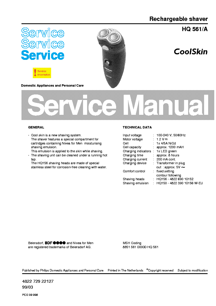 PHILIPS HQ561A RECHARGEABLE SHAVER service manual (1st page)