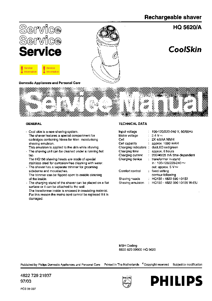 PHILIPS HQ5620A RECHARGEABLE SHAVER service manual