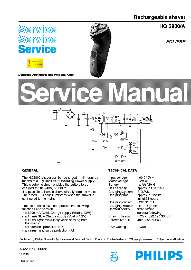 PHILIPS HQ5800A RECHARGEABLE SHAVER service manual (1st page)