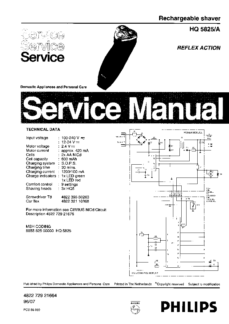 PHILIPS HQ5825A RECHARGEABLE SHAVER service manual (1st page)