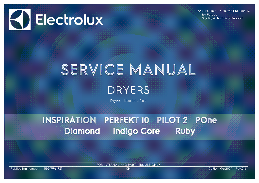 ELECTROLUX INSPIRATION PERFEKT 10 PILOT 2 PONE DIAMOND INDIGO CORE RUBY DRYERS USER INTERFACE SERVICE MANUAL service manual