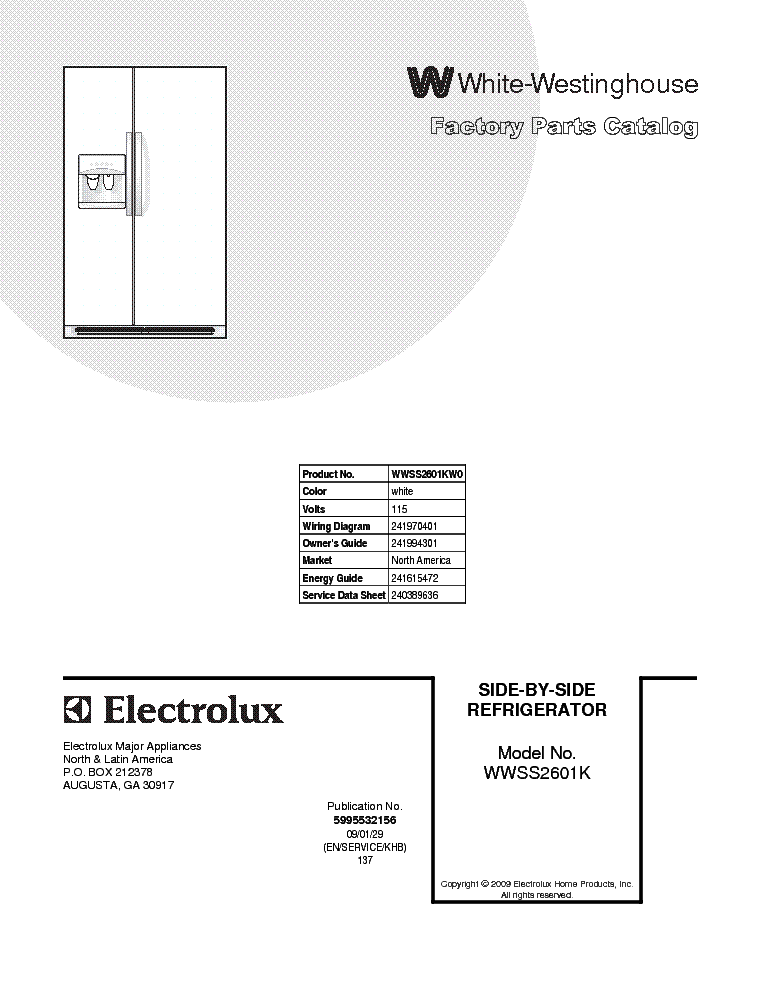 ELECTROLUX WHITE-WESTINGHOUSE WWSS2601KW REFRIGERATOR service manual (1st page)