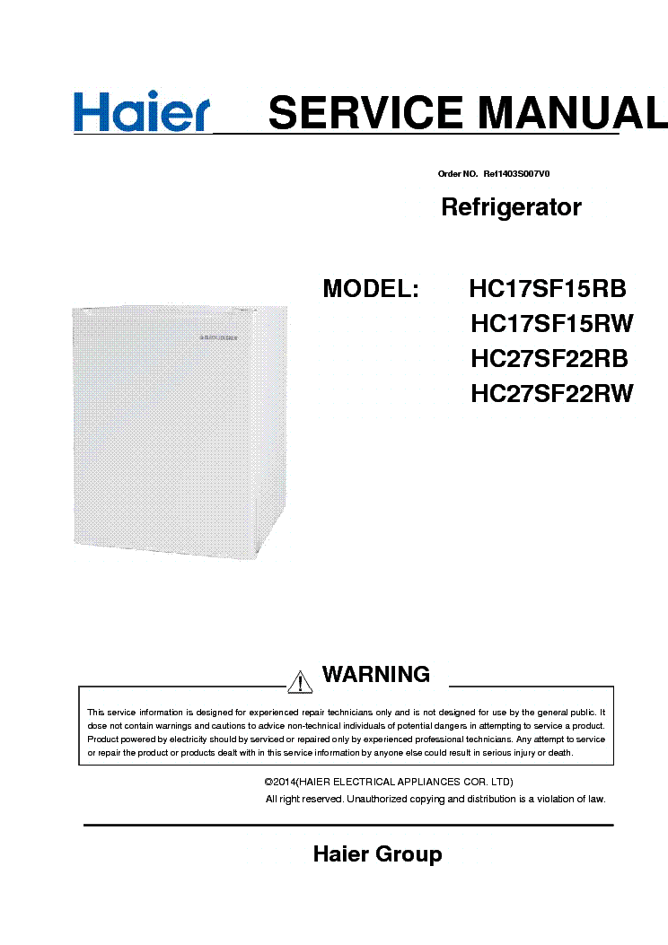 HAIER HC17SF15RB HC17SF15RW HC27SF22RB HC27SF22RW REFRIGERATOR service manual