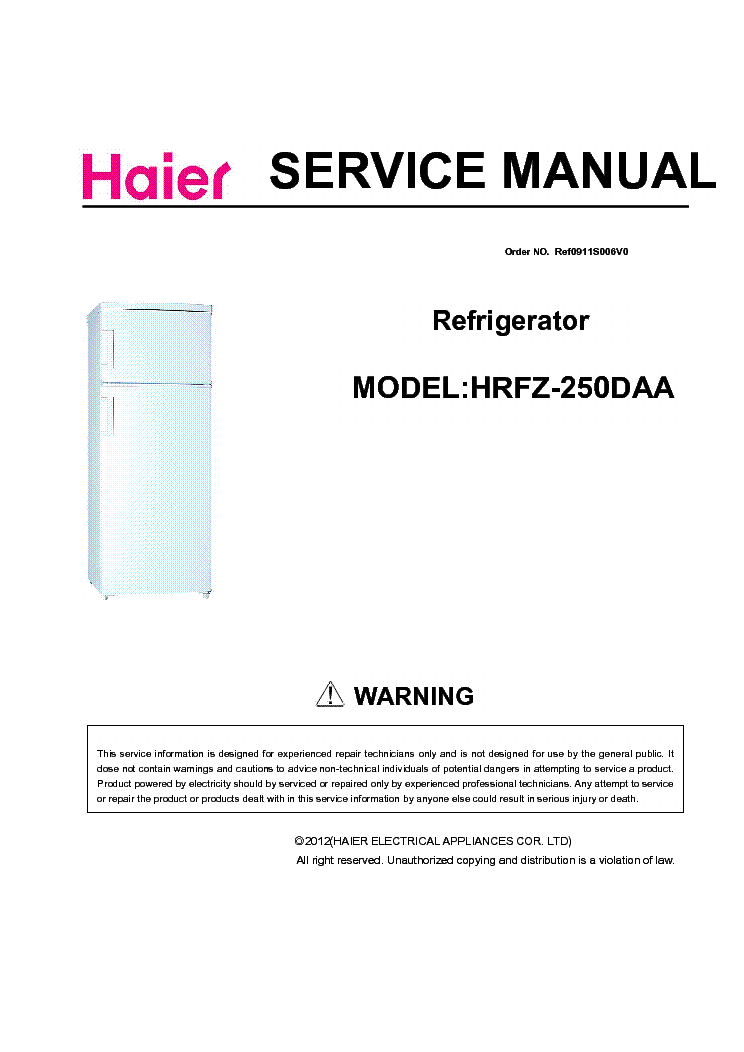 HAIER HRFZ250DAA REFRIGERATOR Service Manual download, schematics