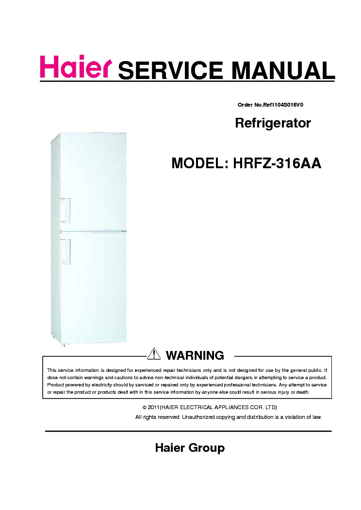 HAIER HRFZ316AA REFRIGERATOR Service Manual download, schematics