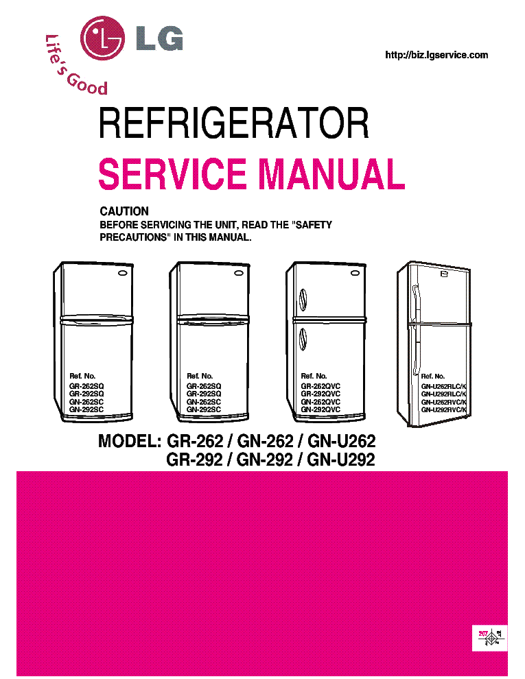LG GR-262 GN-262 GN-U262 GR-292 GN-292 GN-U292 SM Service Manual