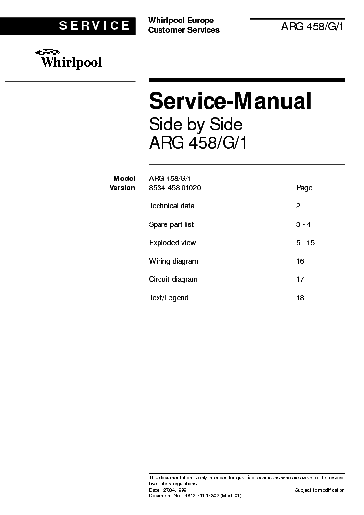 WHIRLPOOL ARG-458-G-1 SM service manual