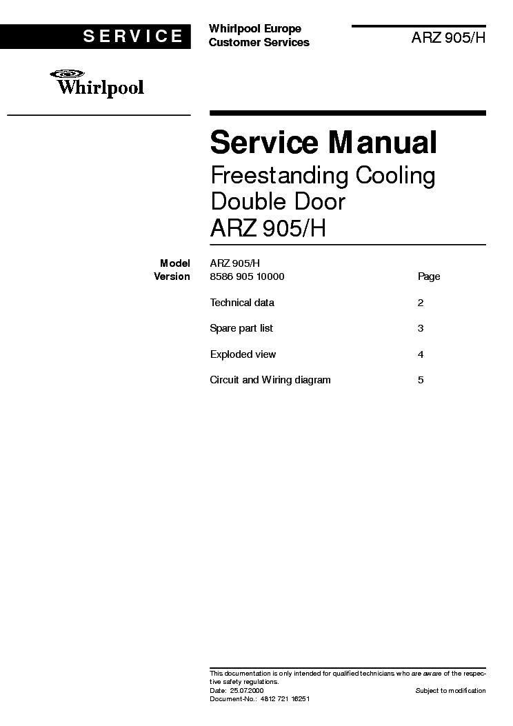 WHIRLPOOL ARZ 905 H service manual