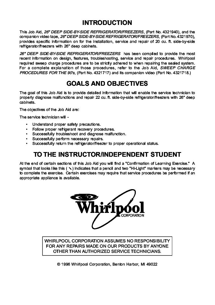 WHIRLPOOL KSBS20 KSFS20 ED20DBX ED20DFX SERIES R-84 26-INCH SIDE BY SIDE REFRIGERATORS AND FREEZERS 1996 SM service manual (2nd page)