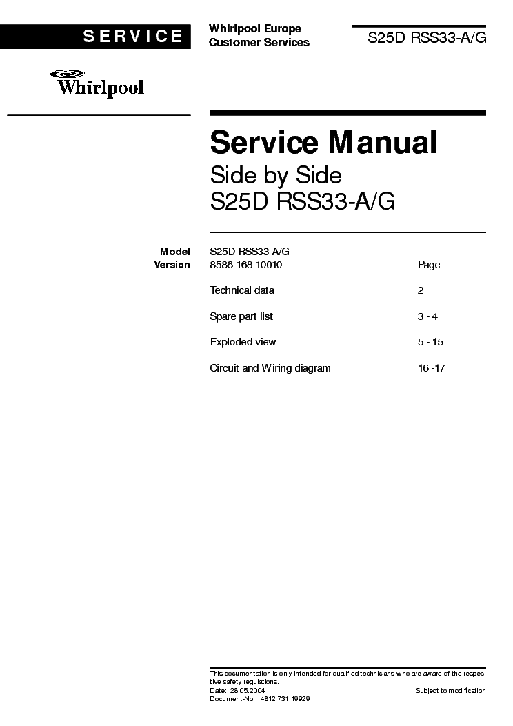 WHIRLPOOL S25D-RSS33-A G service manual (1st page)