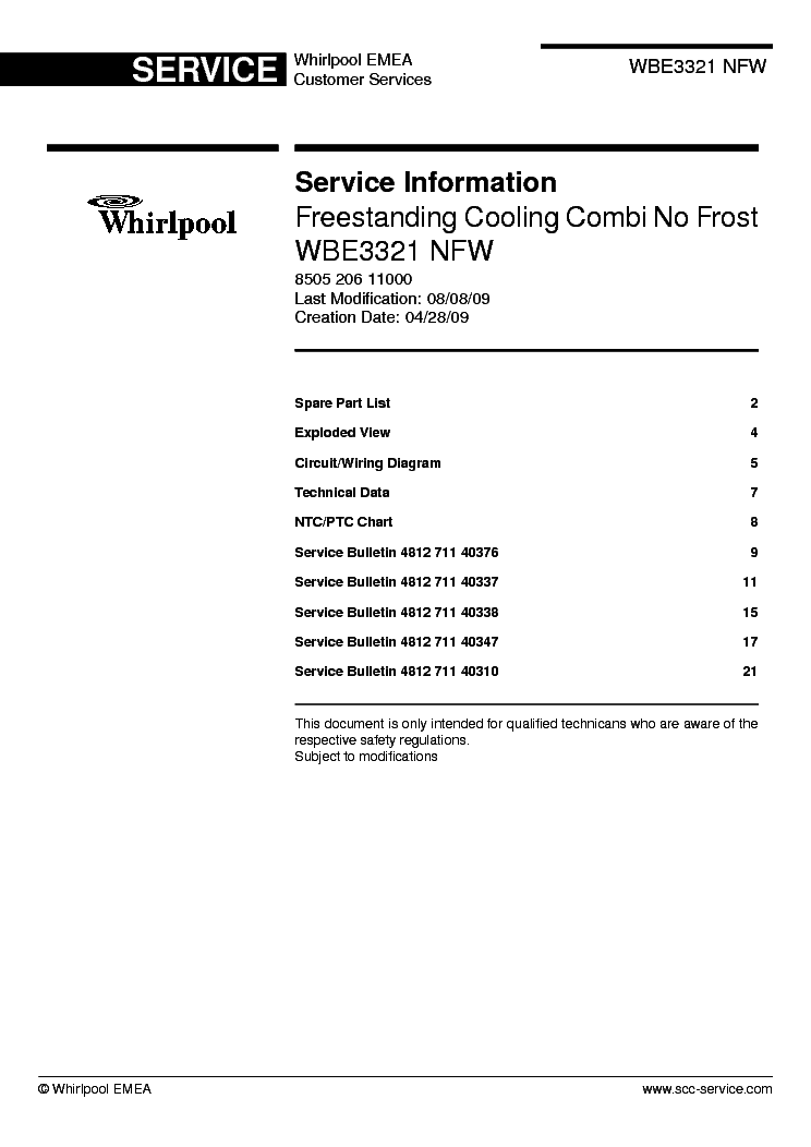 WHIRLPOOL WBE3321 NFW service manual