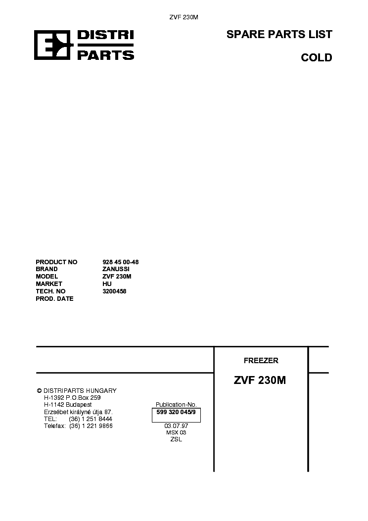 ZANUSSI ZVF 230M service manual