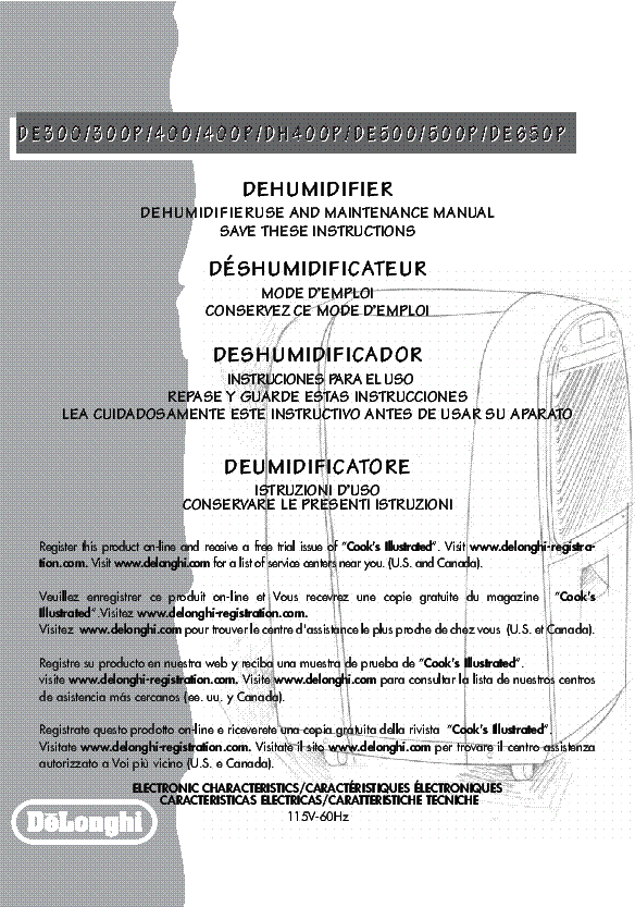 DELONGHI DE-DH-300-400-500 DEHUMIDIFIER AIR-FILTER OP SM service manual (1st page)
